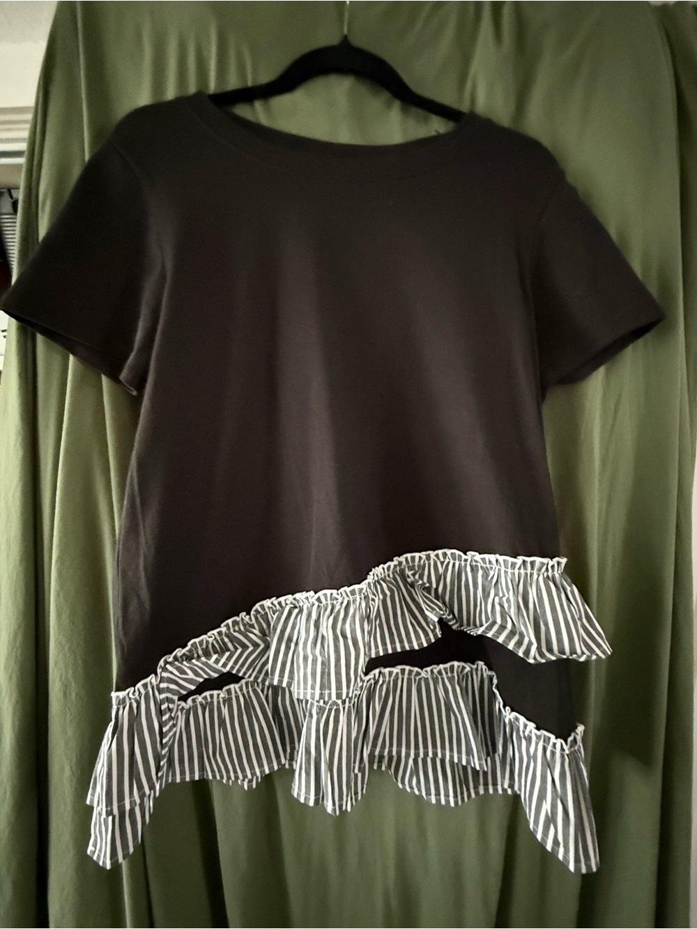 bobeau Black Short Sleeve Top with Striped Ruffle Hem